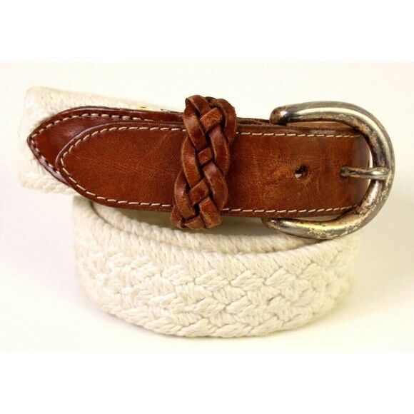 Eddie Bauer BROWN REAL LEATHER 1 1/8"Wd WOVEN WHITE CORD WOMEN'S BELT S/M (A47 - Picture 2 of 9